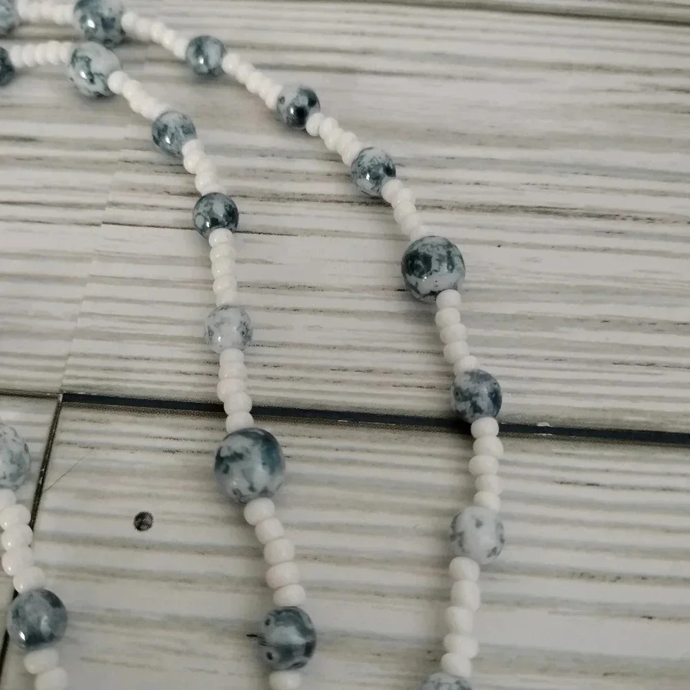 Blue Gray White Glass Beaded long Necklace 23